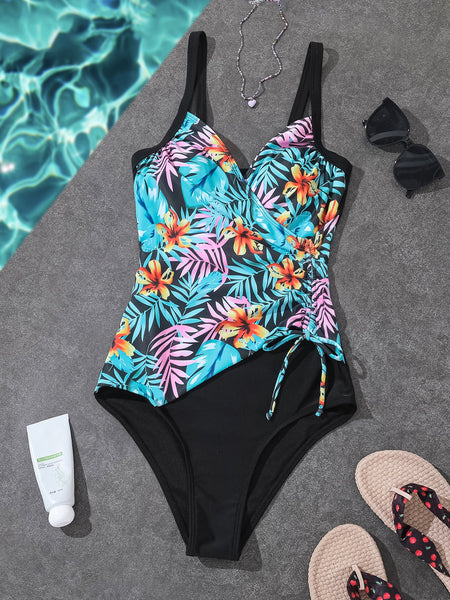 One Piece Printed Solid Color Drawstring Gathered Slimming  Bikini Women's Swimwear