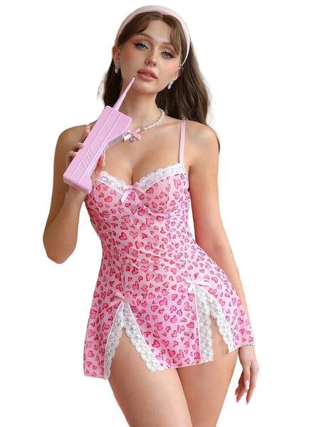 Pink  Nightgown With Lace Splicing And Mesh Straps Set Thong Sleepwear