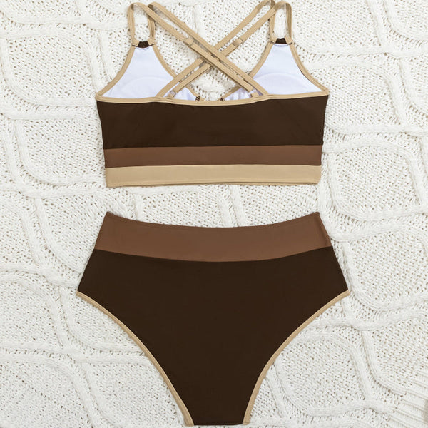 Double Shoulder Strap High Waist  Two Piece Swimsuit For Women Swimwear