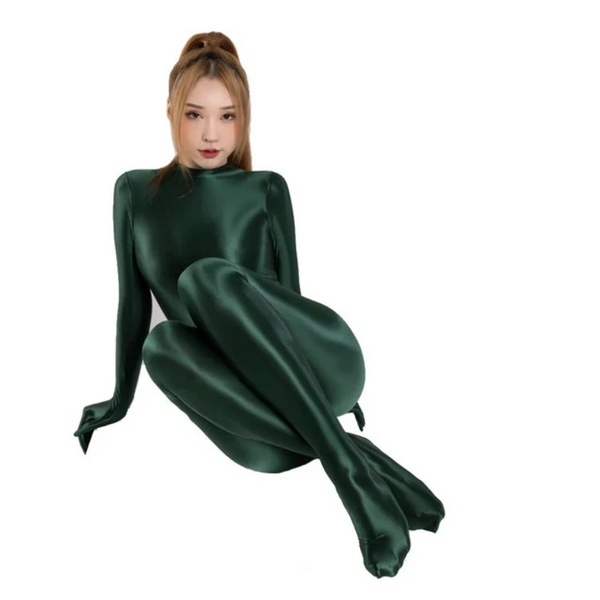 Shiny Glossy Satin  Women's Long Sleeve Finger Gloves Zipper Back Full Length One Piece Bodysuit Silky Tights Zentai Catsuit Gloves & Mittens