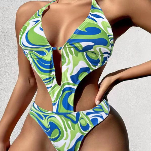 One Piece Printed Swimsuit Bikini Strap Swimwear