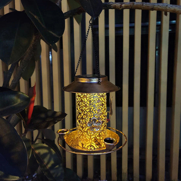 Outdoor Solar Powered Lamp Metal Hanging Bird Feeder Feeding And Watering Dual Purpose Decorative Lanterns