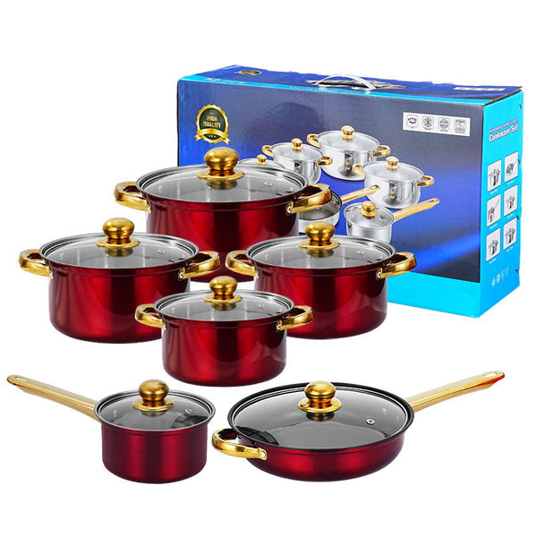 12 Piece Wine Red Non Stick Stainless Steel Soup Pot Set Induction Friendly For Kitchen Use. Saucepans & Stockpots
