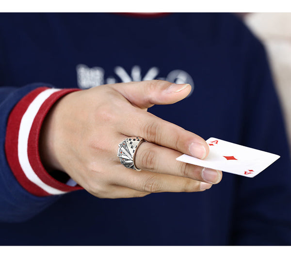 Silver Ring With Poker Pattern Opening For Men And Women Retro Unique Design Rings