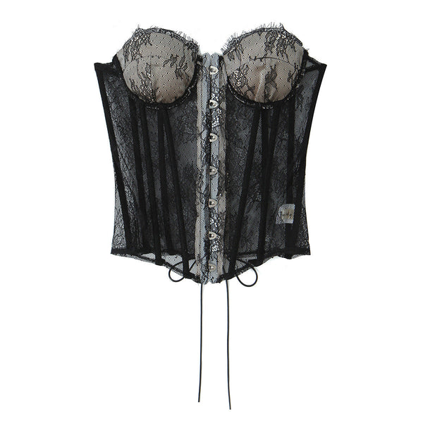 Lace Splicing Fitted Waistband Top With Strap Tube Tops