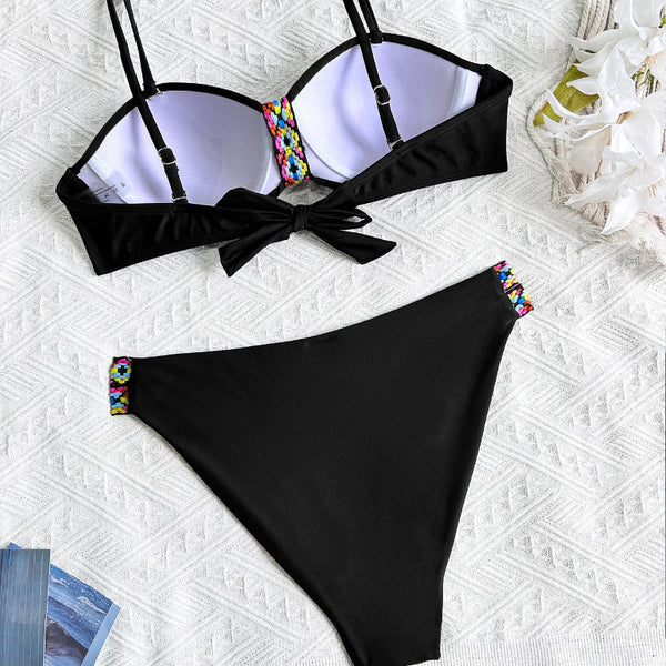 Bikini Set With Woven Straps And Rigid Cups Backless  Two Piece Swimsuit Swimwear