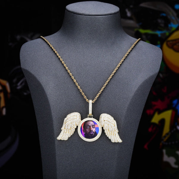 Angel Wings Large Diy Photo Frame Pendant Full Zircon Jewelry Hip Hop Necklace Gold Australia Accessories Necklaces & Pendants