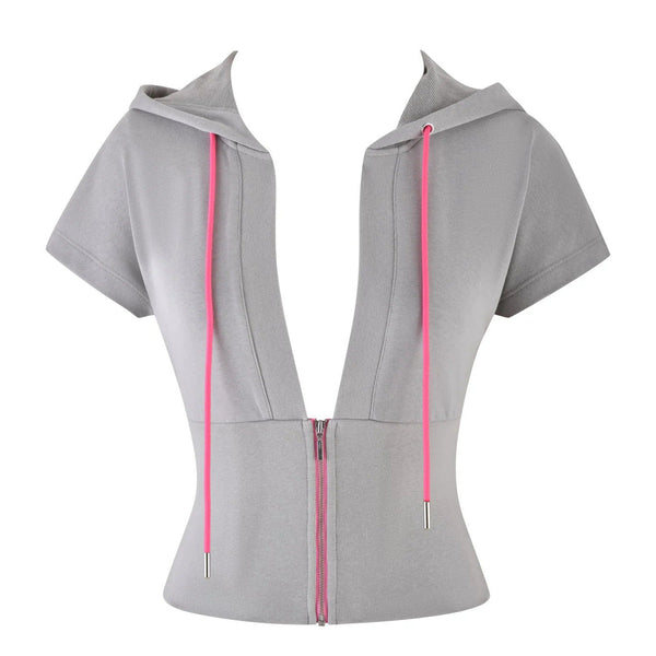 Women's Pure Color Sports Leisure Top With Hood Half Zipper Slim Deep V Neck Short Sleeve Tops