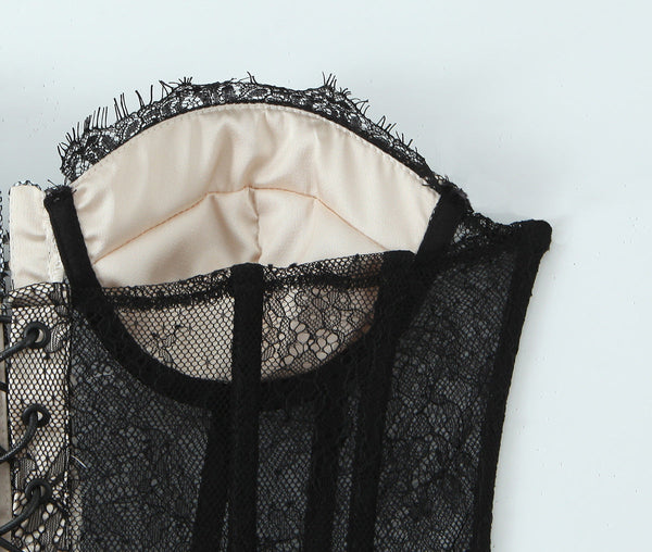 Lace Splicing Fitted Waistband Top With Strap Tube Tops