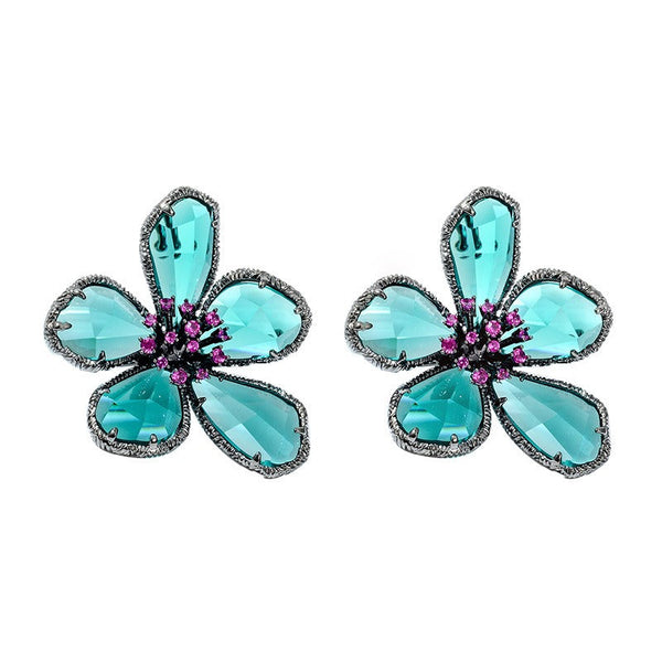 Veile Studios S925 Silver Framed Hot Pink Pistil Turquoise Blue Rhinestone Flower Earrings Ring Brooch Female Fashion Jewellery Jewellery Sets