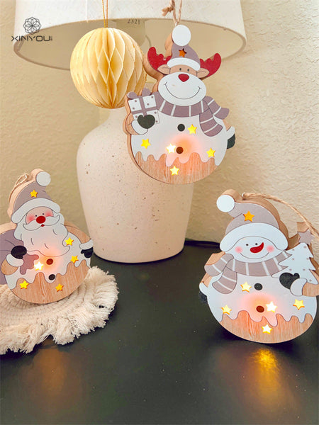 Christmas Nordic Style Decorations Window Display Santa Claus Snowman Glowing Wooden Hanging Ornament 2 Of Them Seasonal Decorations