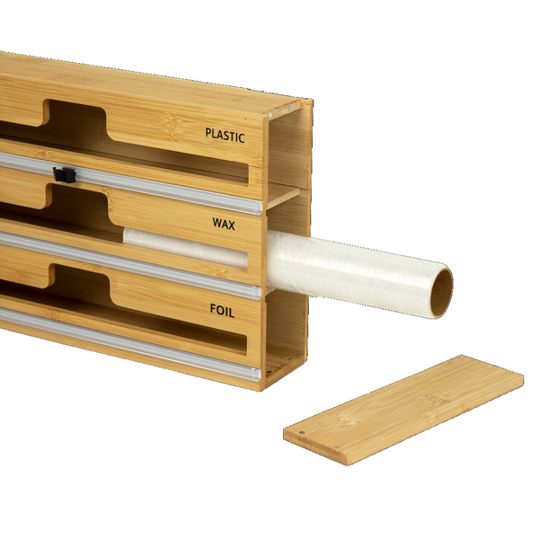 3 Grids Bamboo Food Wrap Dispenser Cutter Foil Cling Film Storage Holder Box Kitchen Racks & Holders