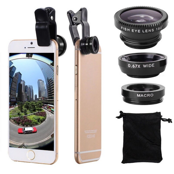 3 In1 Fish Eye Wide Angle Macro Camera Clip On Lens For Universal Cell Phone Black