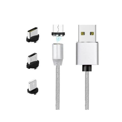 3 In 1 Nylon Magnetic Usb Charge Cable For Iphone / Micro Phone Silver