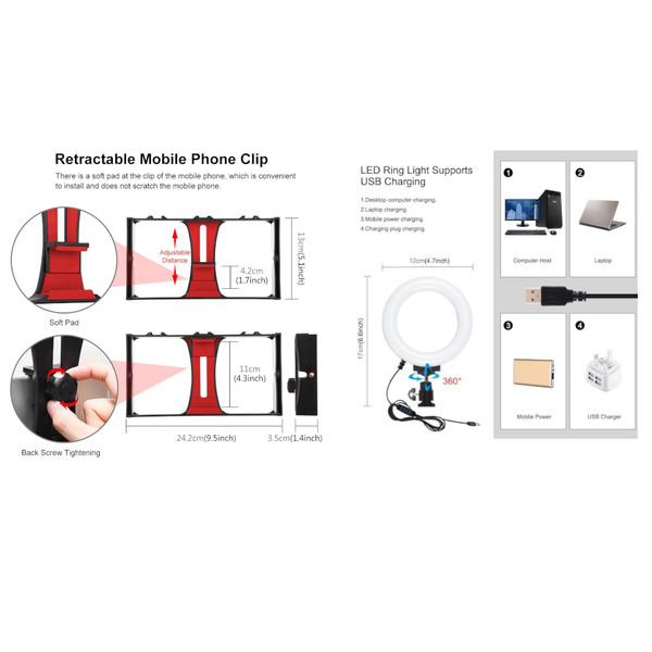 3 In 1 Vlogging Kit With Smartphone Rig Microphone And Led Ring Light_Red Other Mobile Accessories