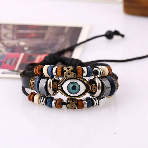 Veile Studios 3 Layered Punk Design Evil Eye Bracelets Leather Beads Charms & Charm Bracelets