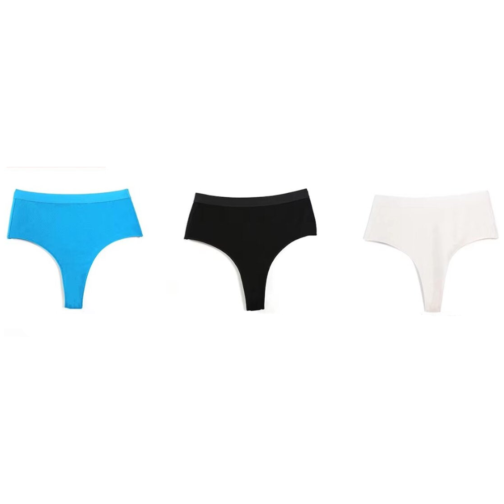 3 Pcs White+Black+Blue Aster High Waisted Solid Colour Cotton Comfort Plus Size Tummy Control Thong Panties For Women Erotic Panties