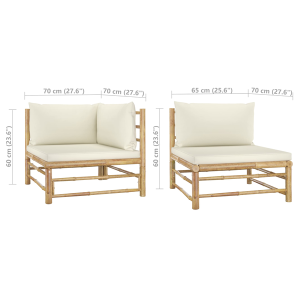 3 Piece Garden Lounge Set With Cream White Cushions Bamboo Patio Furniture Sets