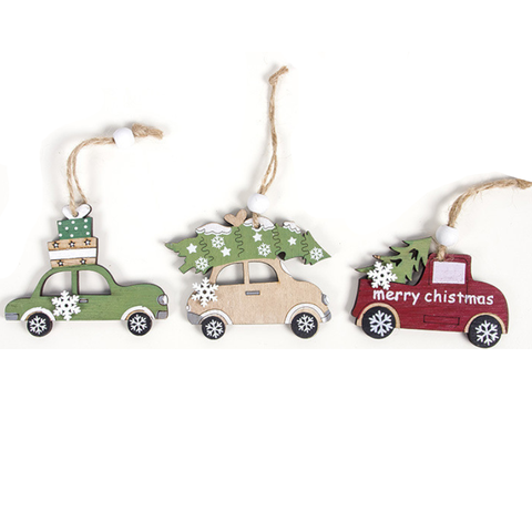 3 Sets Christmas Wooden Car Pendants Xmas Tree Ornaments Decorations Kids Gifts