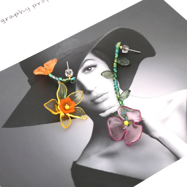 Veile Studios Personalized Asymmetric Handwoven Flower Crafted From Plastic Resin Earrings