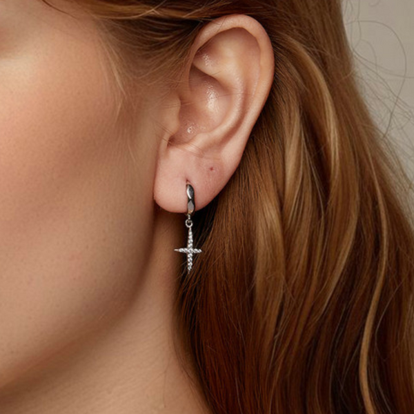 Veile Studios Silver Charm Cross Ear Buckle Trendy S925 Solid Zircon Earrings