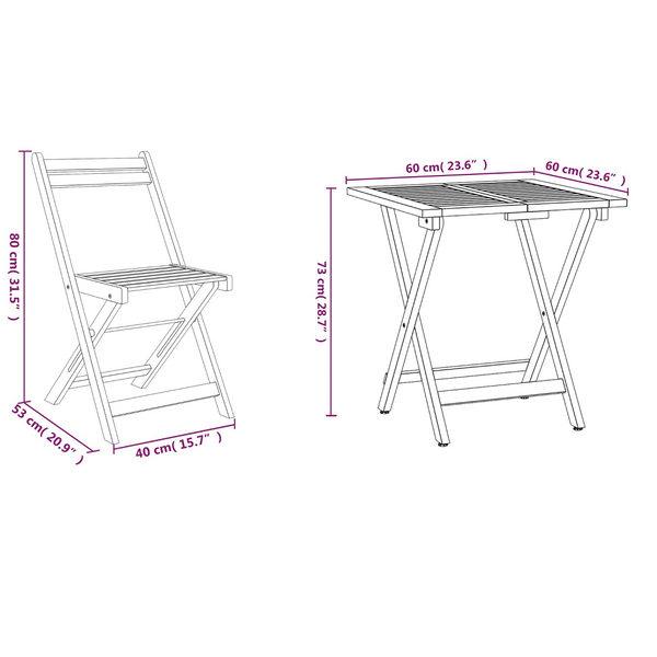 3 Piece Folding Bistro Set Solid Wood Acacia Patio Furniture Sets