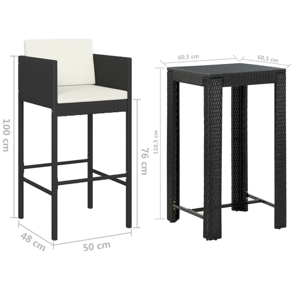 3 Piece Garden Bar Set With Cushions Poly Rattan Black Patio Furniture Sets