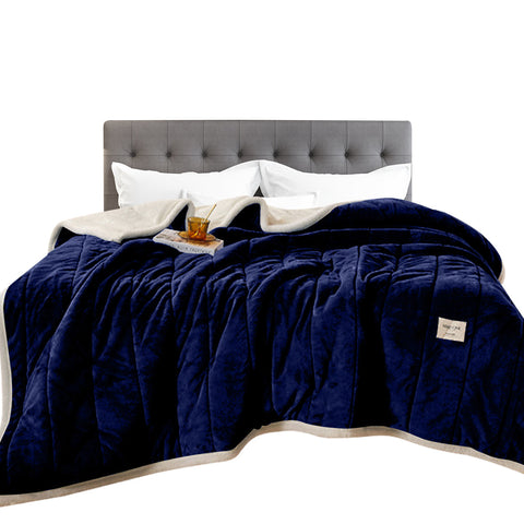 Dark Blue Coral Fleece Blanket Warm 3 Layers Flannel Washable 120X200cm Blankets