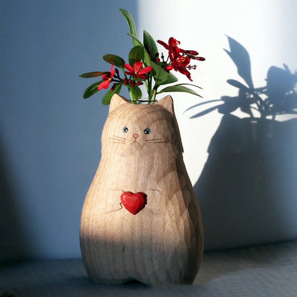 Vases Creative Heart Cat Vase Handmade Christmas Wooden Love Log Crafts