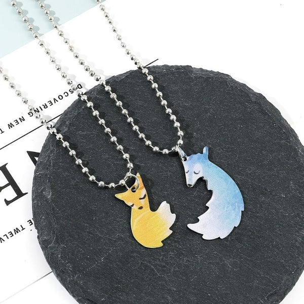 Veile Studios Hand Painted Fox Embracing Wolf Pendant Couple Jewelry Necklaces & Pendants