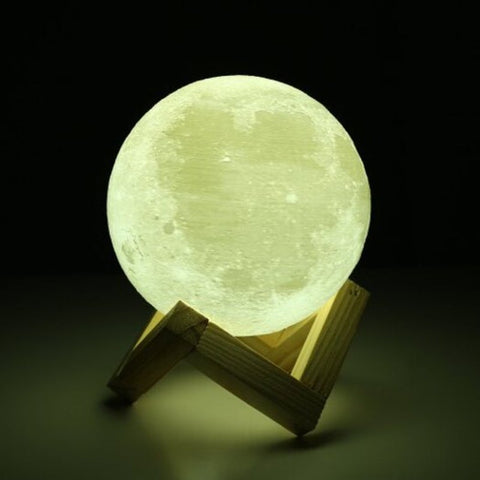 3D Printing Touch Two Color Lunar Light Smart Home Led Moon With Solid Wood Bracket White 15Cm