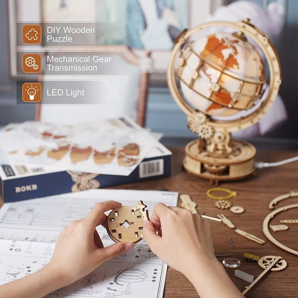 Okr Luminous Globe 3D Wooden Puzzle Model Building Kit For Children Puzzles