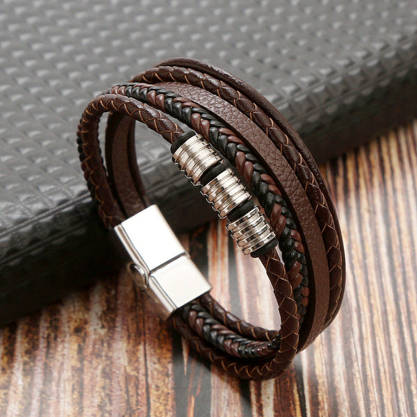 Veile Studios Mens Leather Magnetic Buckle Woven Bracelet Electroplating Black Bracelets