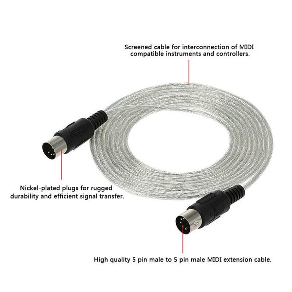 3M / 10Ft Midi Extension Cable 5 Pin Plug Male To Connector Silver For Devices White Cables Snakes & Interconnects