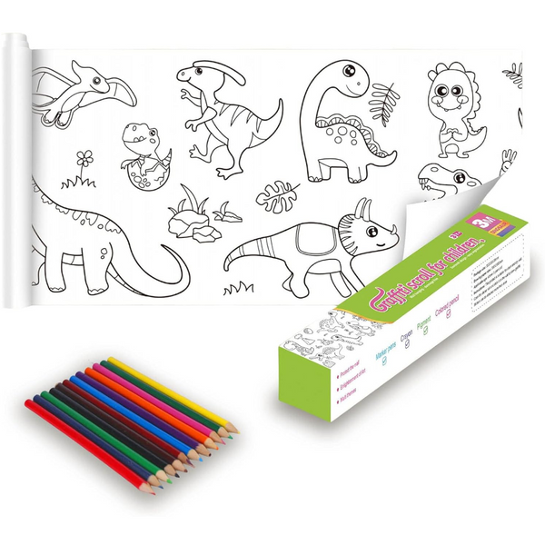 3M Diy Colouring Paper Roll With 12 Pencils Cartoon Doodle Set Dinosaur Land(With 12Pcs Colored Other Painting Accessories