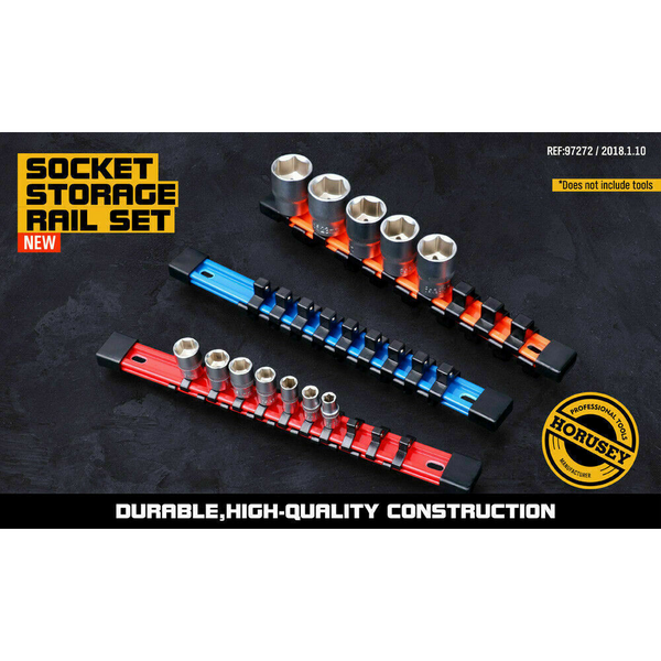 3Pc Double-Side Sockets Holder Tool Organizer Rails Workshop Rack 1/4" 3/8" 1/2"