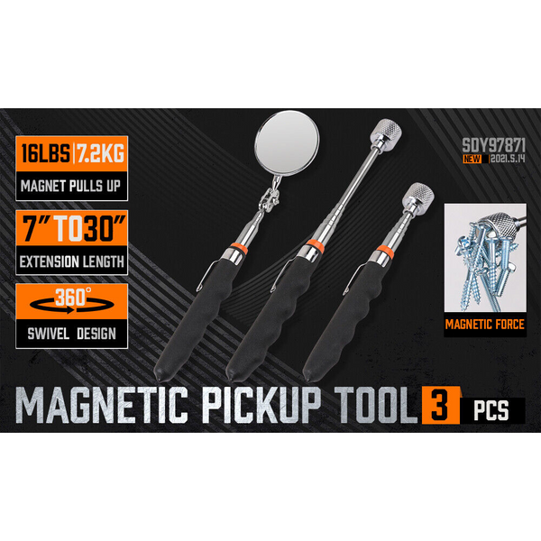 3Pc Magnetic Pick Up Tool & Swivel Inspection Mirror Telescoping Rod Heavy Duty