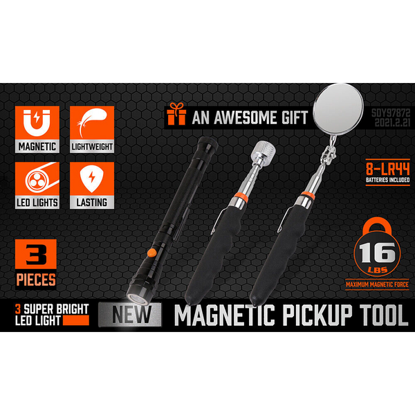 Horusdy 3Pc Magnetic Pick Up Tool Swivel Inspection Mirror Flexible Telescope Led Light Other Hand Tools