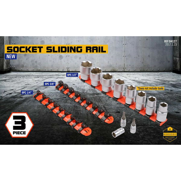 3Pc Mixed Socket Holder Set Storage Rails 1/2" 3/8" 1/4" Drive Grip Organiser