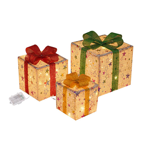 3Pcs Christmas Lighted Gift Boxes Pre-Lit Xmas Present Led Lights Decor Tree Ornament