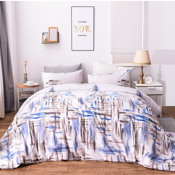 3Pcs Queen Bed Quilt Cover Set One Two Pillowcases Blue Grey Lines Quilt Covers