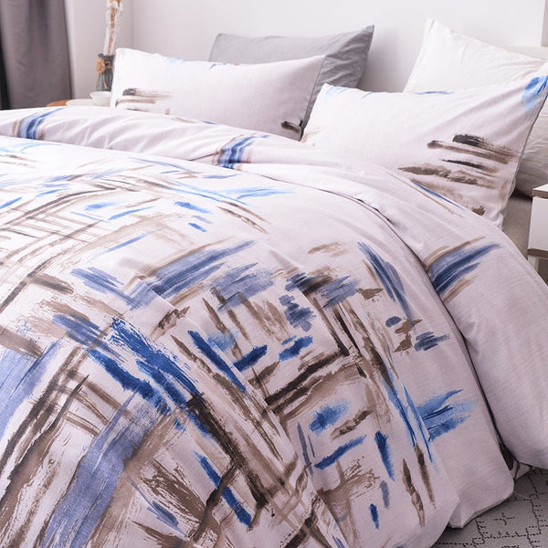 3Pcs Queen Bed Quilt Cover Set One Two Pillowcases Blue Grey Lines