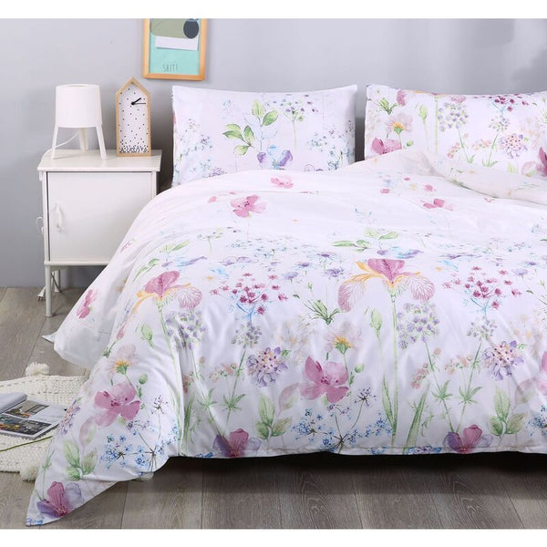 3Pcs Queen Bed Quilt Cover Set One Two Pillowcases White Purple Floral Quilt Covers