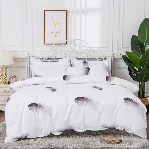 3Pcs Queen Bed Quilt Cover Set One Two Pillowcases White Feather