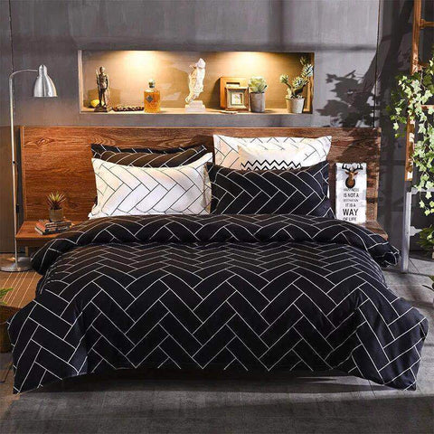 3Pcs Queen Bed Quilt Cover Set One Two Pillowcases Black Zigzag Bar