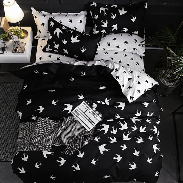 3Pcs Queen Bed Quilt Cover Set One Two Pillowcases Black & White