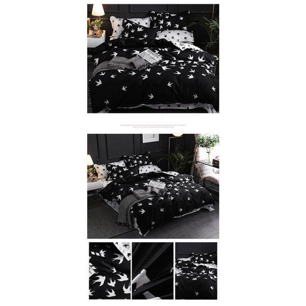 3Pcs Queen Bed Quilt Cover Set One Two Pillowcases Black & White