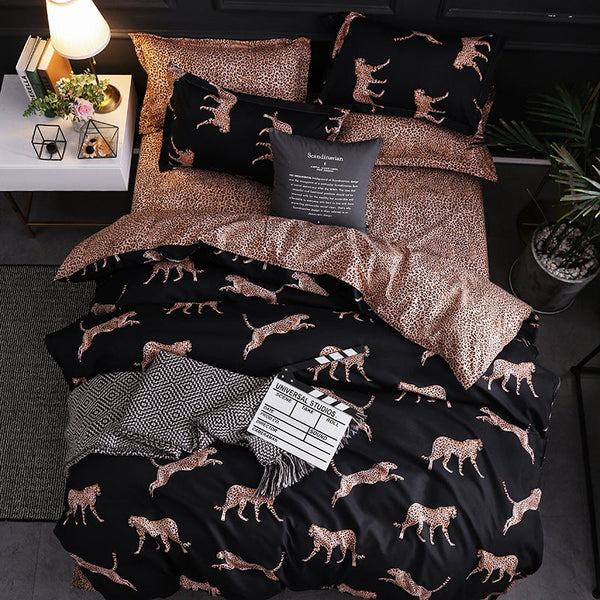3Pcs Queen Bed Quilt Cover Set One Two Pillowcases Leopard Print Black
