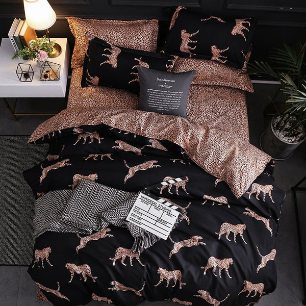 3Pcs Queen Bed Quilt Cover Set One Two Pillowcases Leopard Print Black Quilt Covers
