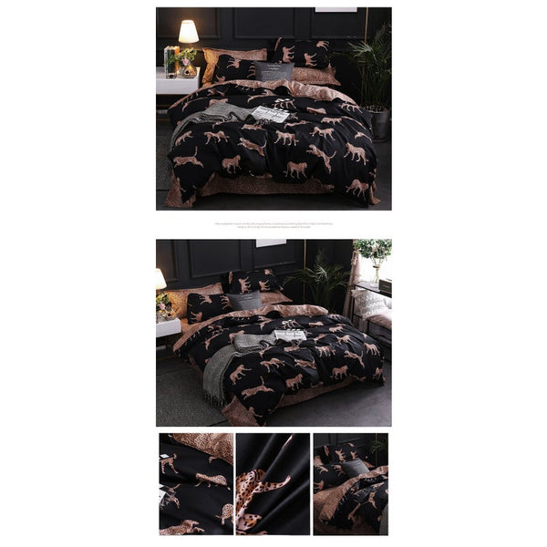 3Pcs Queen Bed Quilt Cover Set One Two Pillowcases Leopard Print Black